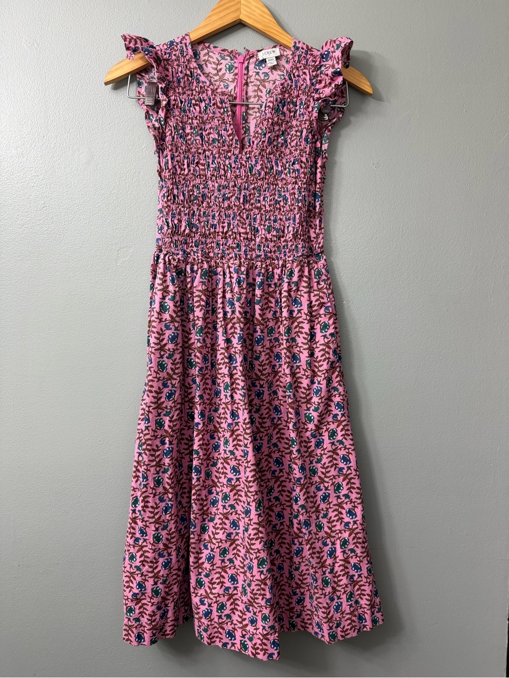 J.Crew Smocked Pink Floral Midi Dress with Ruffle Sleeves xxs